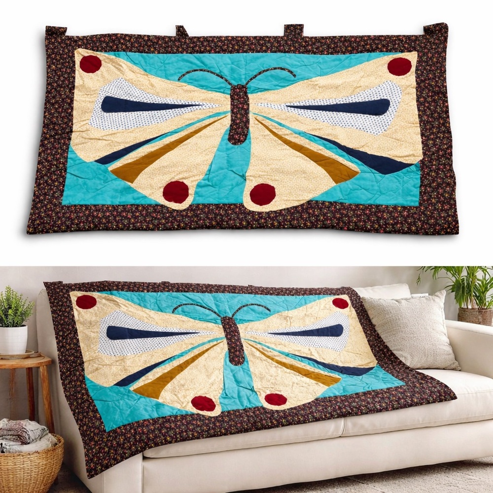 HandmadeTeal & Cream Butterfly Quilt Wall Hanging Quilt Folk Art Patchwork